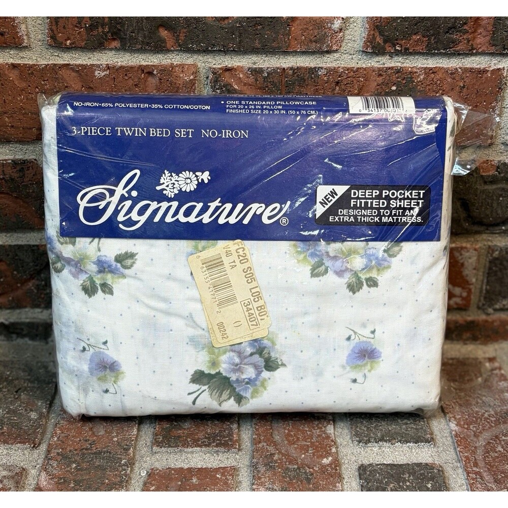 Vintage Signature Twin Sheet Set Purple Blue Floral NOS 3pc New Open Wrap